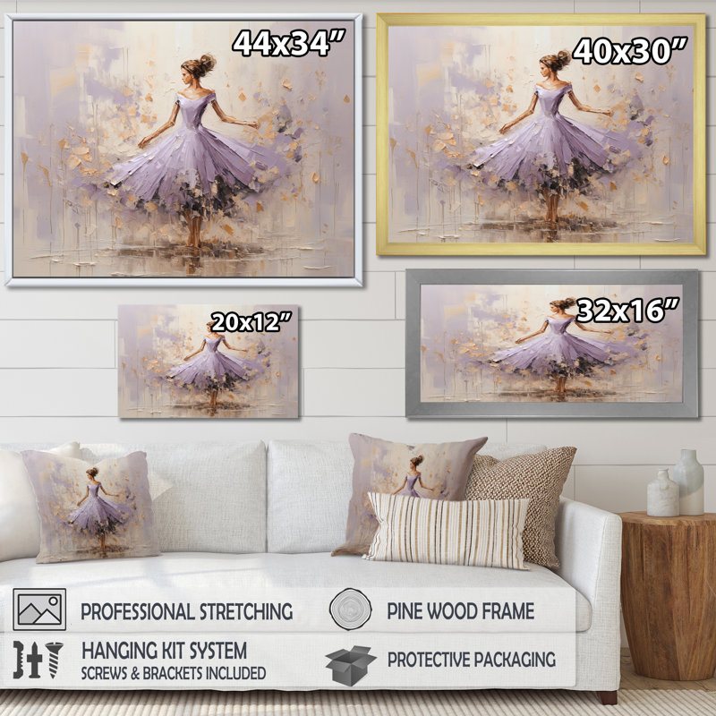 «Minimalisme mauve doré ballerine I», impression sur toile de ballet, H 16 po x l 32 po x P 1 po, Cadre flottant noir