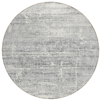 8' Silver Gray And Charcoal Round Abstract Washable Indoor Outdoor Area Rug