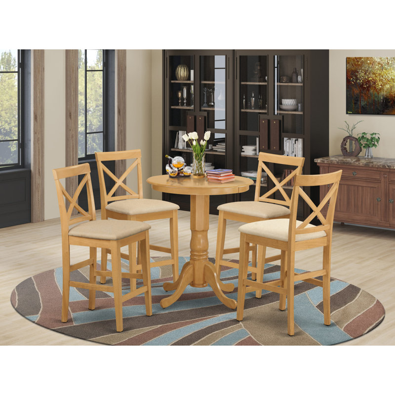 5 Piece Counter Height Dining Set Includes a Round Kitchen Table with Pedestal and 4 Linen Fabric Dining Room Chairs, Oak