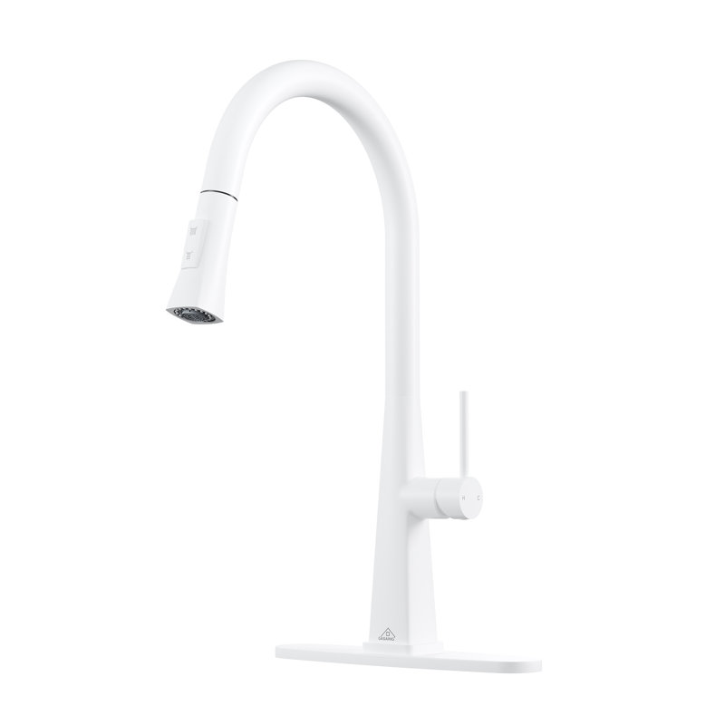 CASAINC Pull Down Kitchen Faucet with Deck Plate, Matte White