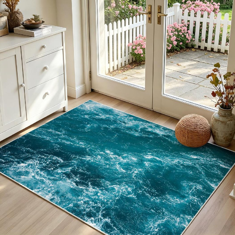 Tapis bleu abstrait lavable à la machine, vagues de la mer Méditerranée, Rectangle 39" x 63"