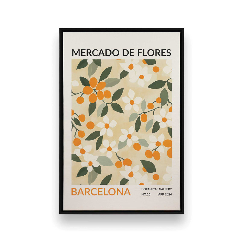 Marché aux fleurs de Barcelone, H 12,75 po x l 8,75 po, Cadre flottant noir satiné