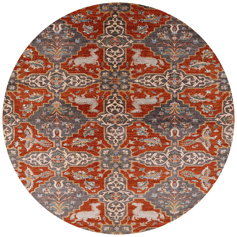 Tapis géométrique rouille / gris / beige, Rond 4 pi