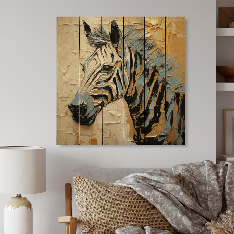 Kamiyra, zèbre noir et jaune, impression sur bois, H 35 po x l 35 po x P 0,78 po