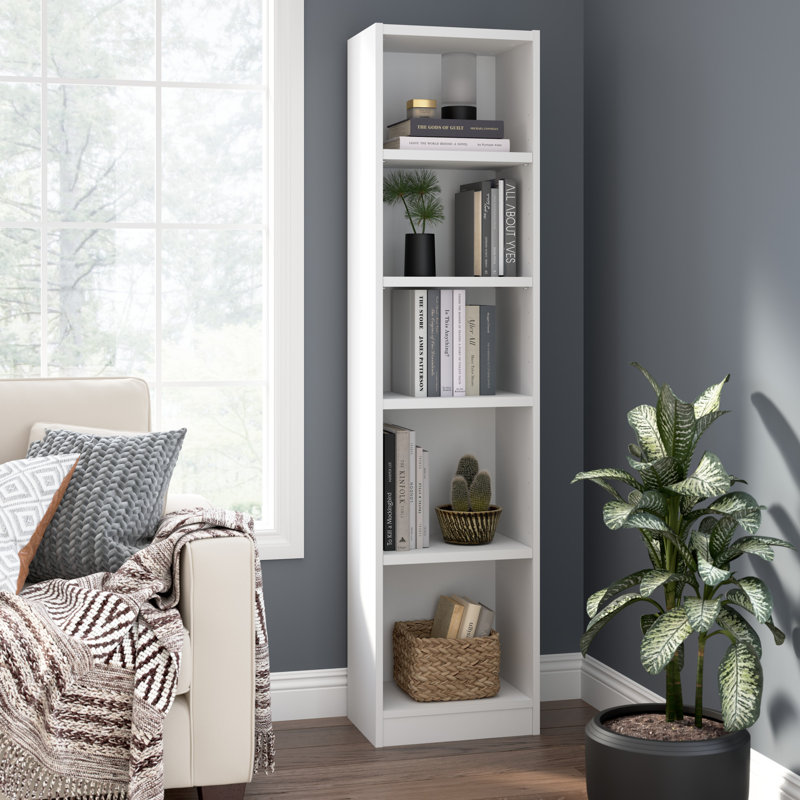 Wakesha 17W Narrow 5 Shelf Bookcase, Tall Skinny Bookshelf For Home Office Or Living Room Storage