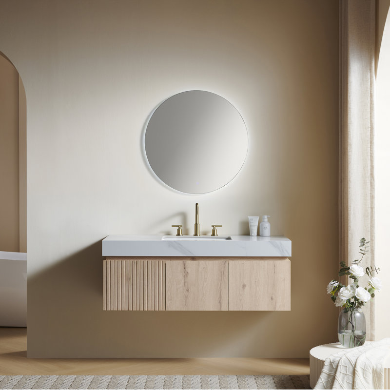 Muri 48" Bathroom Vanity&Sink, Floating Plywood Storage Cabinet With Drawer&Doors, Carrara White Sintered Stone Top&Ceramic Basin With  8'' widspread 3 Holes, Pre-Assembled, White Oak Woodgrain