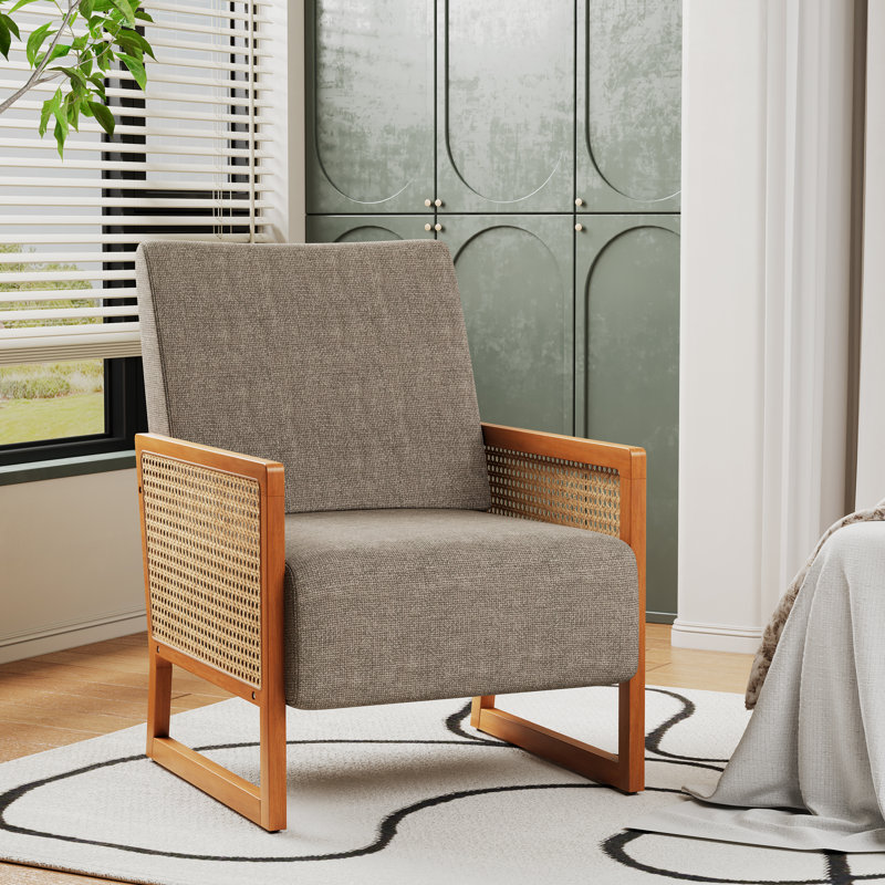 Upholstered Accent Chair With Rattan Arms And Solid Wood Legs, Taupe Linen