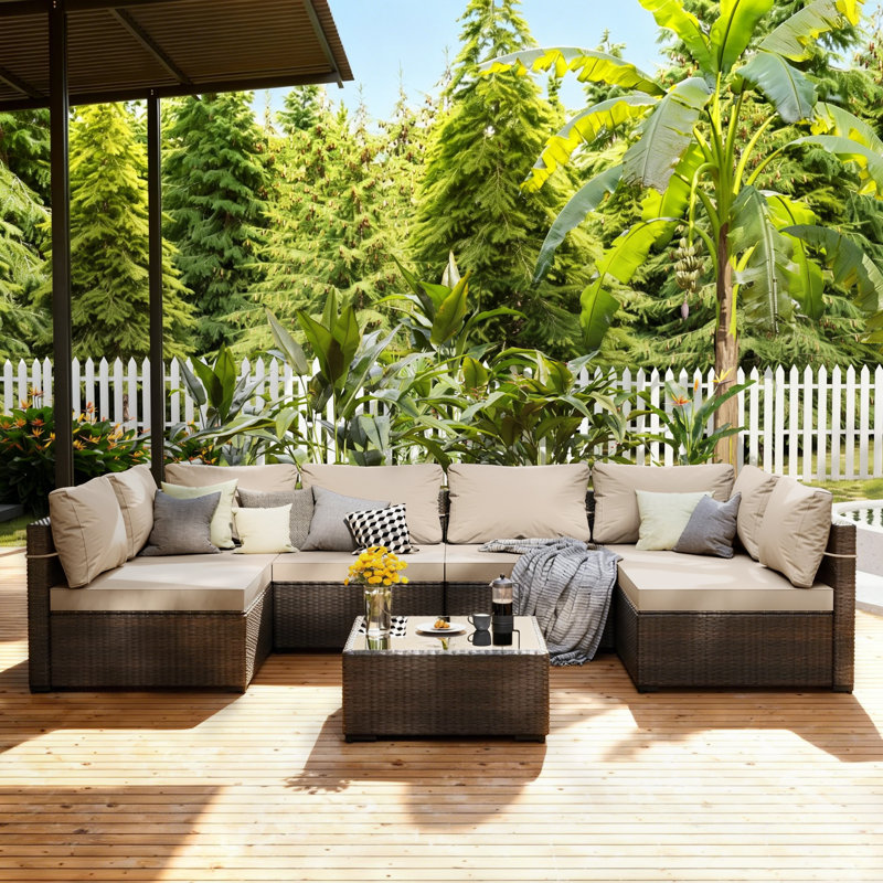7-piece wicker patio conversation sets with cushions, Beige, 7 Pcs, Brown