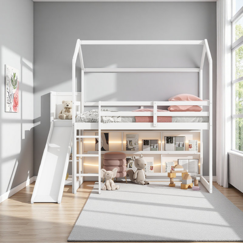 Lit mezzanine simple en bois avec glissoire, tablettes de rangement et lumière, Blanc
