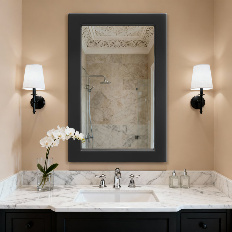Rectangular Decorative Wall Mirror With Statement Deep Frame, HD Tempered Glass Vanity Mirror For Bathroom, Entryway, Or Bedroom