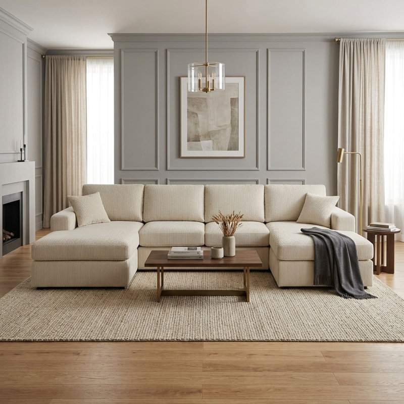 Canapé d'angle moderne en velours côtelé de 120 pouces avec double méridienne, forme en U symétrique, Crème