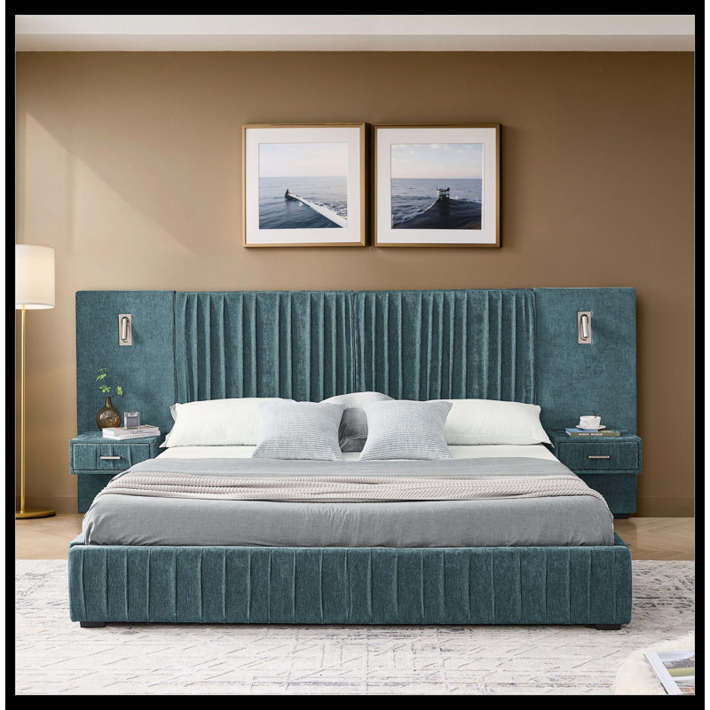 Queen Size Upholstered Bed Frame With Chenille Fabric With Pleated Design,Grounded Queen Size Platform Bed With Headboard And Solid Frame And The Bedside Table.No Box Spring Needed-Blue-Green