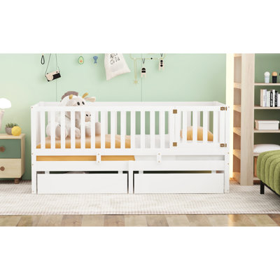 Twin Size White Wood Daybed With Guardrails And Drawers, Space - Saving Option For Bedroom, Can Split Into Two, Safe Sleep Teens Fence 2 Multiple Uses, Ideal Material
