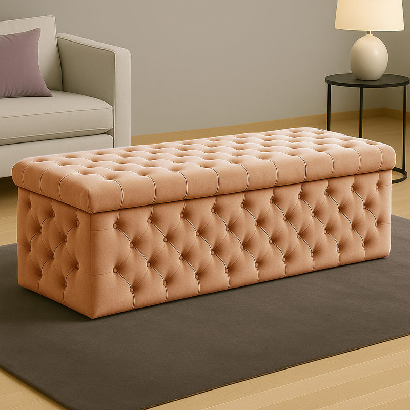 Lux Wide Velvet Chesterfield Rectangle Solid Color Standard Ottoman Box with Storage, Mink, 120cm W x 42cm D x 40cm H