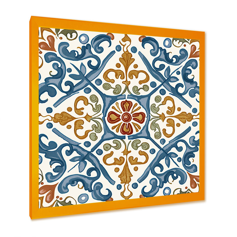 Carreaux de la Méditerranée en bleu rétro V, reproduction sur toile, Impression dorée sur toile encadrée, L 36 po x H 36 po