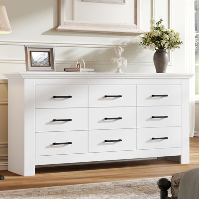 Commode 9 tiroirs pour la chambre à coucher, commode en bois avec poignées en métal et glissières lisses, commodes triples de largeur l 59 po, grande armoire de rangement de tiroir pour placard, couloir, entrée, blanc