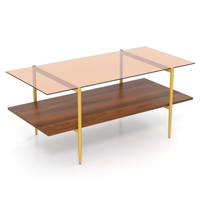 2-Tier Glass Coffee Table w/ Tampered Glass Tabletop & Open Storage Shelf