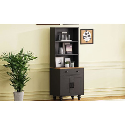 Style Storage Cabinetry, Black, Solid Wood Legs, 3 Open Shelves, Drawer, Adjustable Pantry Cabinet, Shelves For Efficient Organization