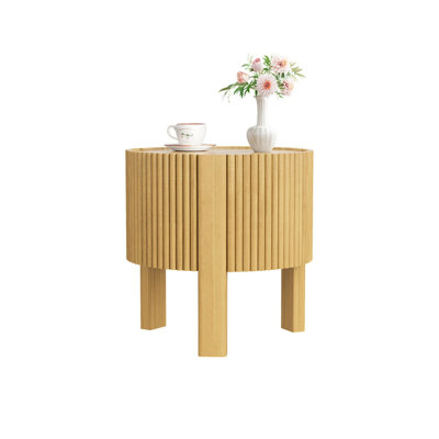 Round Fluted Side Table With Storage For Living Room, Rubber Solid Wood, Soft-Close Door, Natural, 19.6"