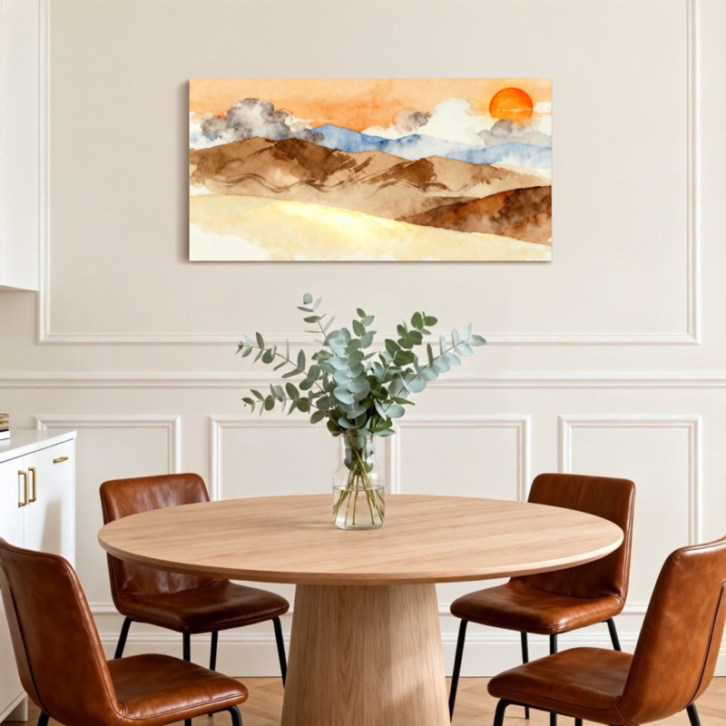 Paysage, paysage de montagne, coucher de soleil, ciel, nuages, aquarelle, H 24 po x l 48 po