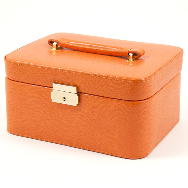 Leather Jewelry Box + Mirror, Orange Leather