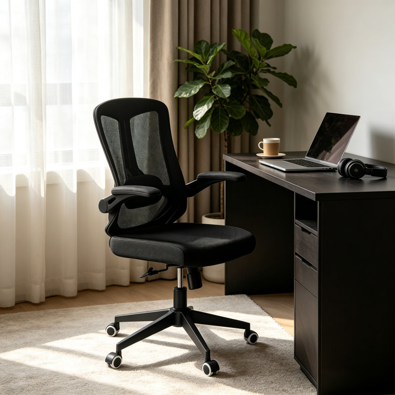 Chaise de bureau ergonomique, appui-tête réglable avec support lombaire et accoudoirs rabattables, Noir