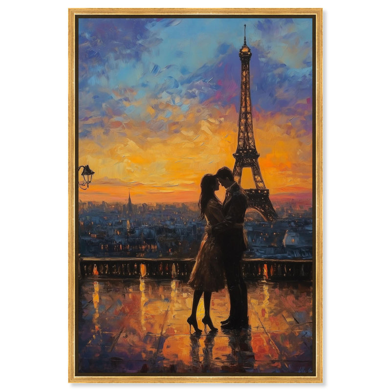 Toile romantique Tour Eiffel par Art Remedy, H 46 po x l 31 po, Cadre flottant, Doré