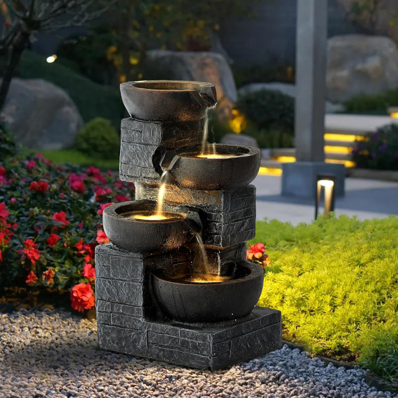 21.9" Outdoor Water Fountain With Led Lights, 4-tier Bowl And Stacked Stones Garden Fountain, Modern Cascading Waterfall Fountains For Garden, Patio, Backyard, Porch And Home Decor