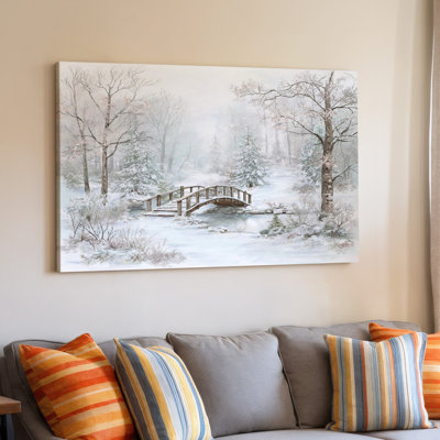 Hiver, paysage de neige avec pont en bois et arbres, impression sur toile pour le salon, la chambre à coucher, le bureau, le couloir, le vestibule, le mur de la galerie et la décoration moderne