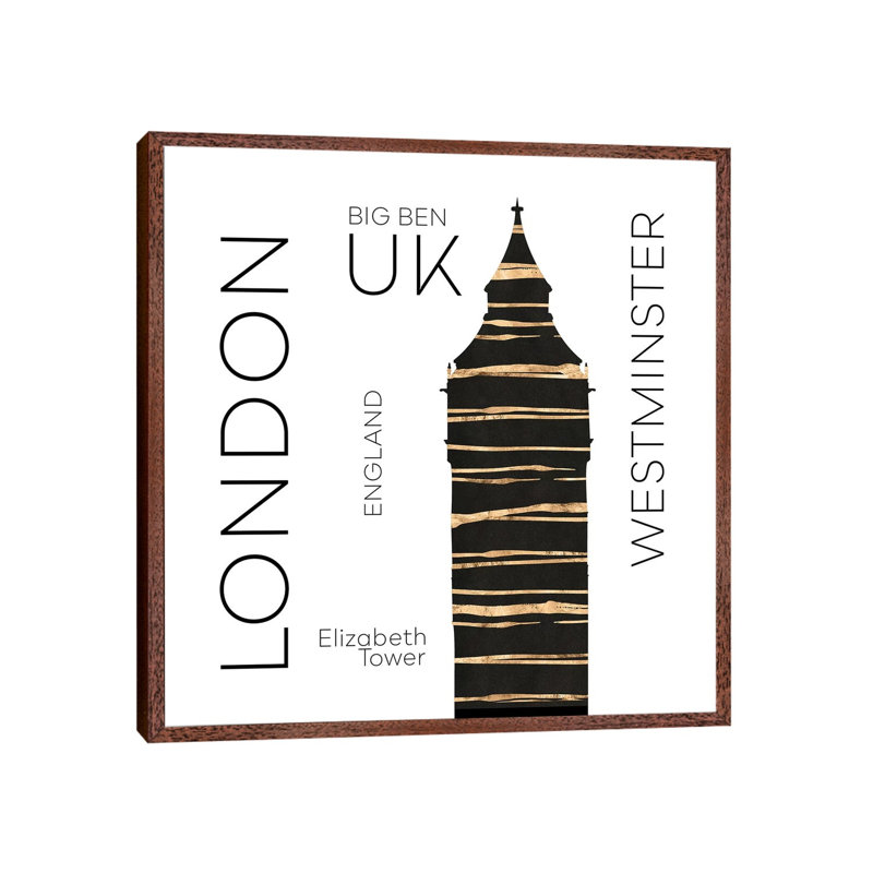 Urban Art London Big Ben by Melanie Viola - Print on Canvas, 45.72cm H x 45.72cm W x 3.81cm D, Classic Brown Wood Framed