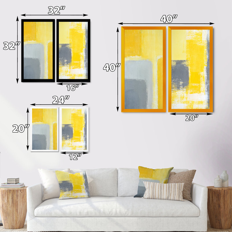«Gray and Yellow Modern Art III», ensemble de 2 peintures sur toiles, H 32 po x l 32 po x P 1 po, Cadre photo noir