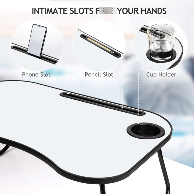 Bureau pour ordinateur portable en métal et bois gris et blanc mat, pliable, surface lisse, rainure pour tasse, idéal pour une utilisation au lit, sur le canapé, dans le jardin ou lors de longs trajets en voiture, bureau pour devoirs et travail d'adultes, fini mat, bois.
