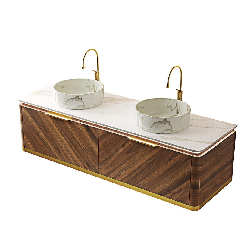 Meuble-lavabo flottant avec lavabos, Noyer foncé