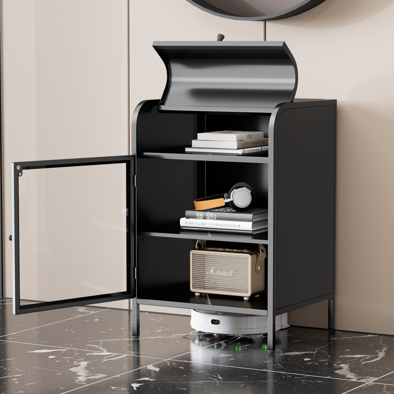 Usmon Modern Nightstand with Glass Door,Metal Side Table,Bedside Table With Flip-Top Storage, Black