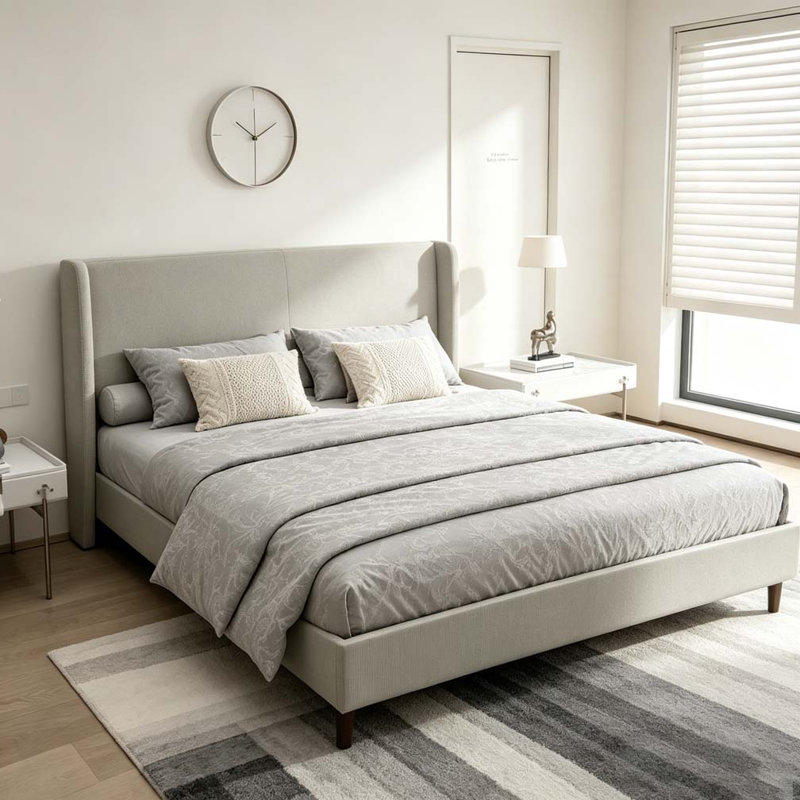 Lit tapissier à tête haute haute, tissu chenille, aucun sommier nécessaire, Lin beige, Très grand