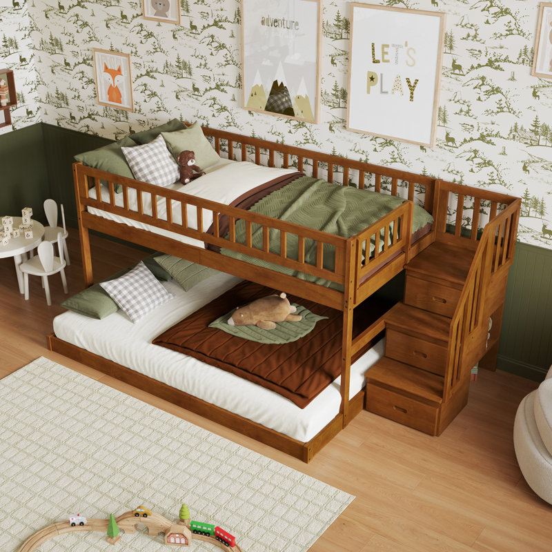 Malibu Wood Low Staircase Bunk Bed, Twin over Full, Teak