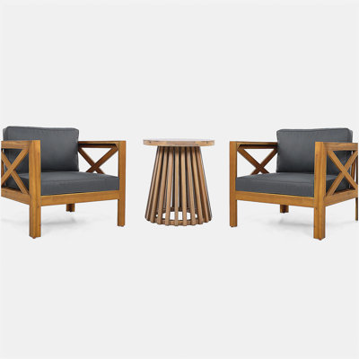 Ensemble de conversation pour patio, siège de loisir en bois pour l'extérieur (ensemble de 2), fauteuil avec coussins, table d'appoint de patio en bois d'acacia, pour cour, pelouse, balcon, finition teck, coussin gris foncé