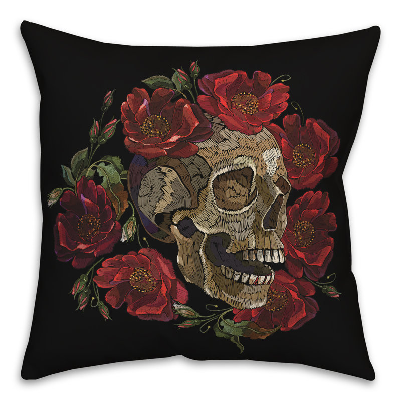 Black Skull and Red Floral Halloween Square Throw Pillow