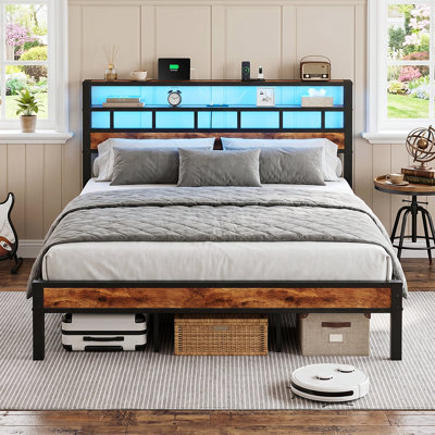 Bed Frame Industrial Platform Bed With Charging Station & LED Lights