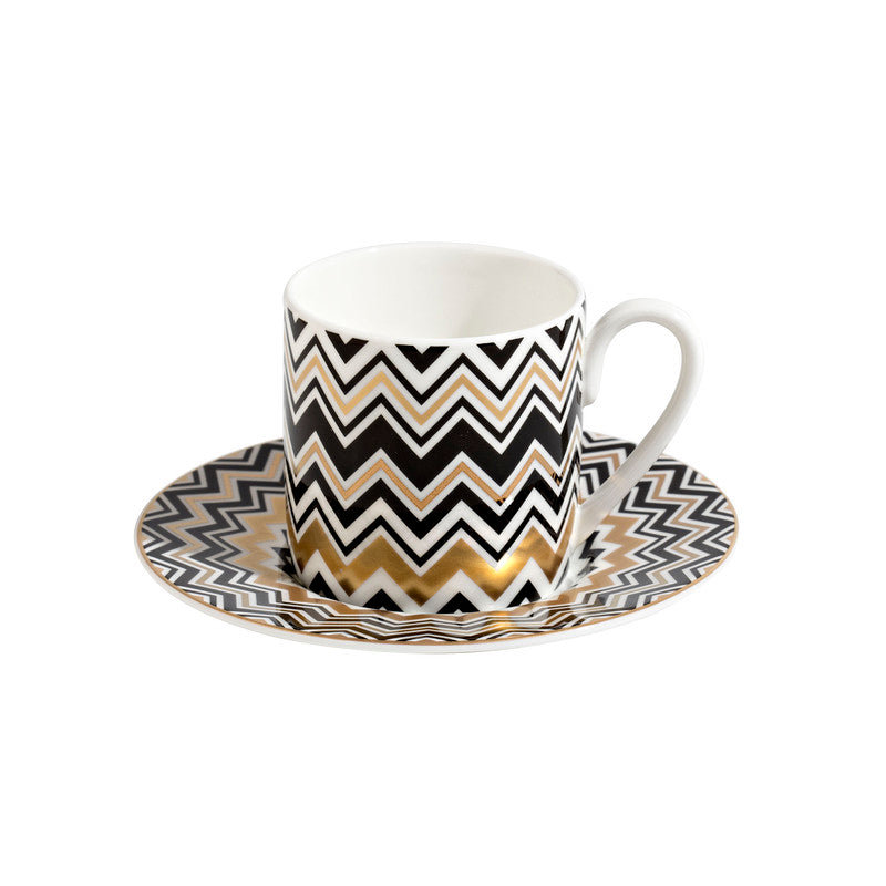 Zig Zag Bone China Coffee Cup, White/Gold/Black, Set of 2