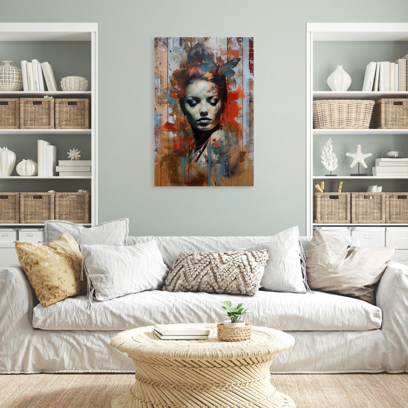 Femme et papillon sur toile, impression, H 20 po x l 16 po x P 1,25 po