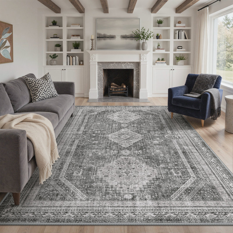 Vintage Neutral Oriental Gray / Black Machine Washable Non-Slip Indoor Area Rugs, Rectangle 6' x 9'