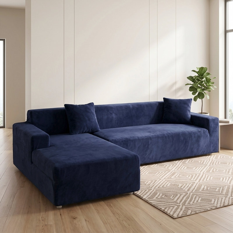 Housse de canapé en L épais en velours - Housse de canapé modulaire avec 2 housses de coussin décoratif, Bleu marine