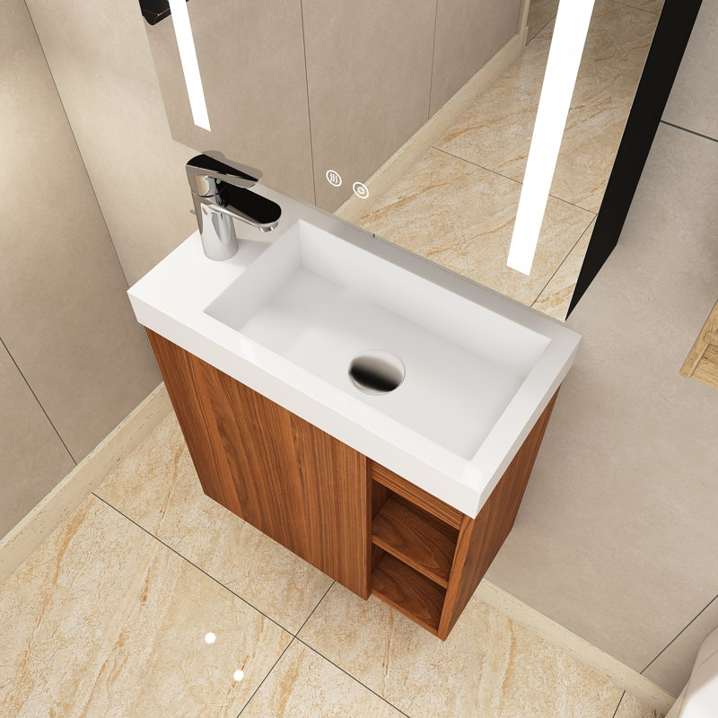 Ensemble de meuble-lavabo simple 20 po avec plateau en résine Miyo, Noyer, Blanc