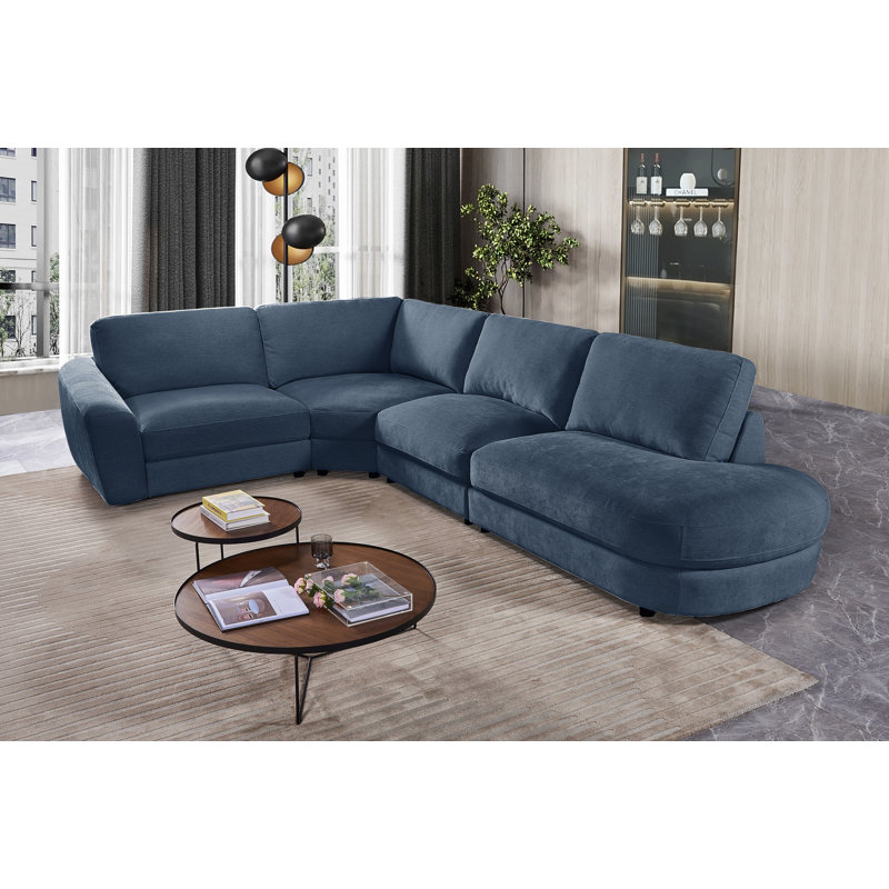 Upholstered Fabric Modular Sectional Sofa With Elegant Curved Design Chaise, 34.5" H x 142.5" W x 95" D