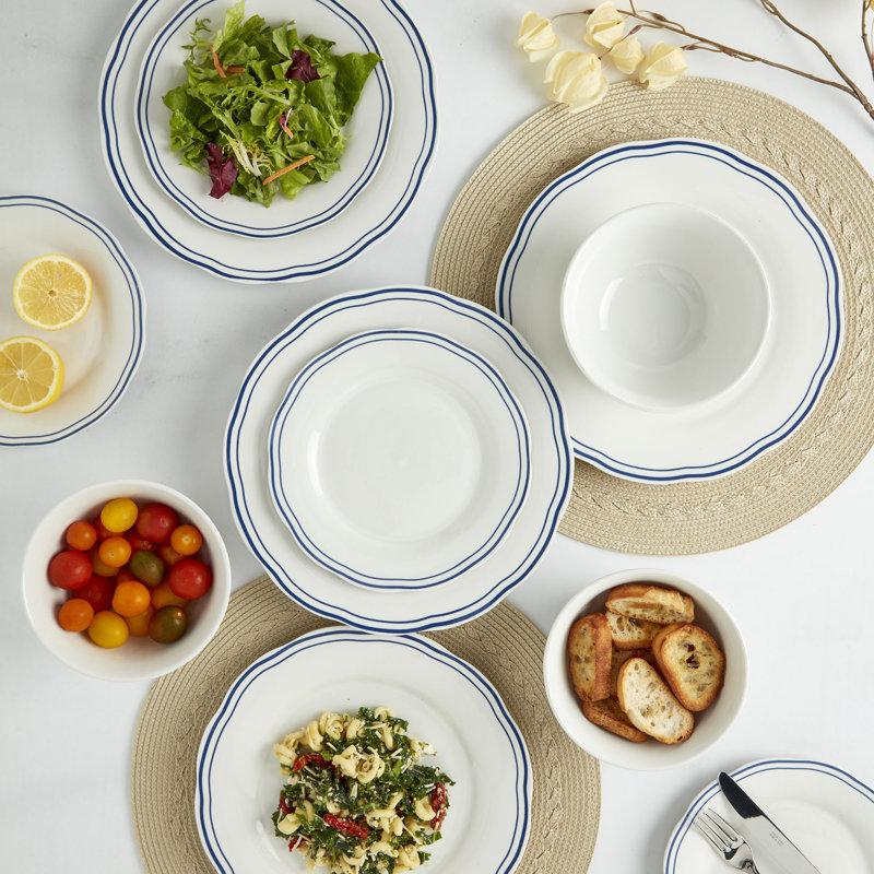 12 Piece White Porcelain Dinnerware Set with Blue Stripes
