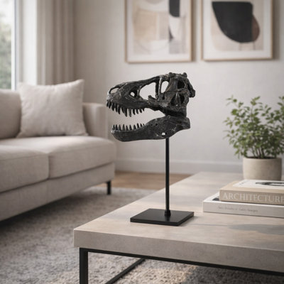 Artistic Resin Dinosaur Skull Sculpture on Stand for Tabletop Home Decor - Decorative Fossil Style Figurine Accent for Living Room Decoration - 13"
