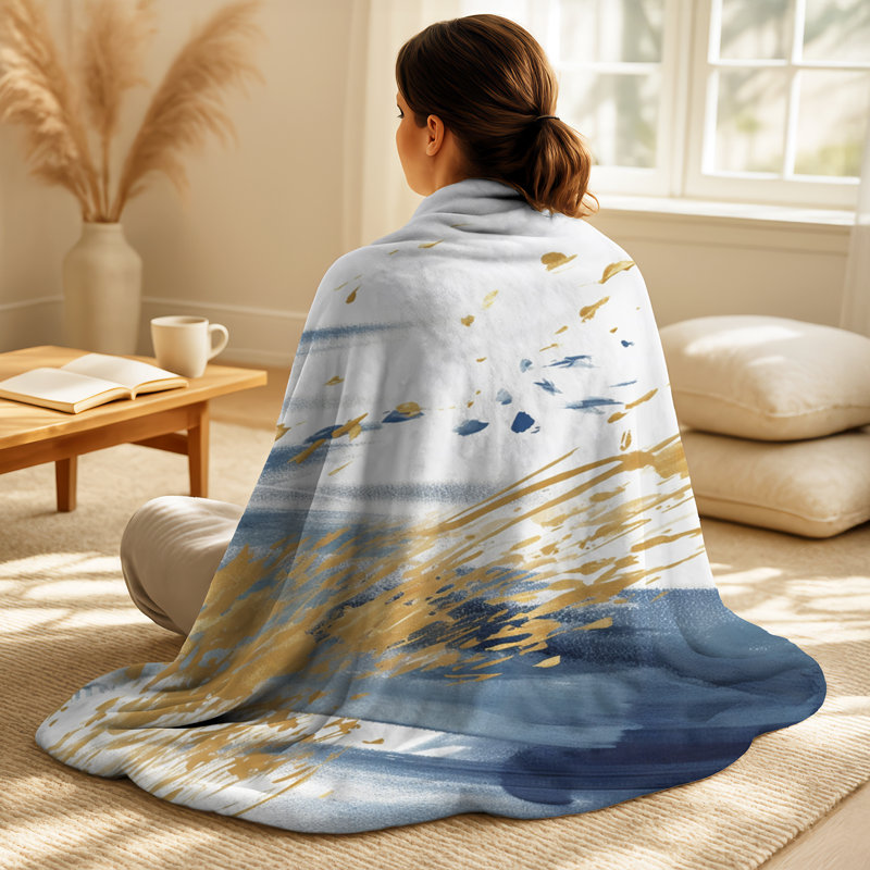 Ensemble de couverture et coussin décoratif bleu foncé et or Abstract IV - Fractals