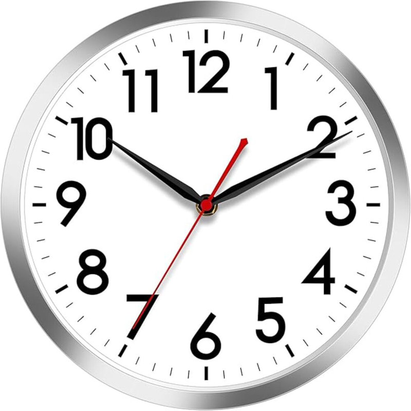 AKCISOT Horloge murale 10 po Horloge murale silencieuse à piles - Horloge argentée décorative moderne pour la cuisine, la salle de bain, la chambre à coucher, le salon, le bureau, la maison (argent)