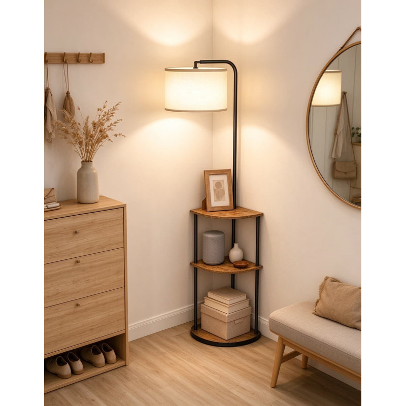 Lampe sur pied d'angle avec table, lampe sur pied avec table d'appoint et tablette de rangement, table de bout rustique avec ampoule à DEL, télécommande, gradation continue, table de chevet de ferme pour salon, chambre à coucher